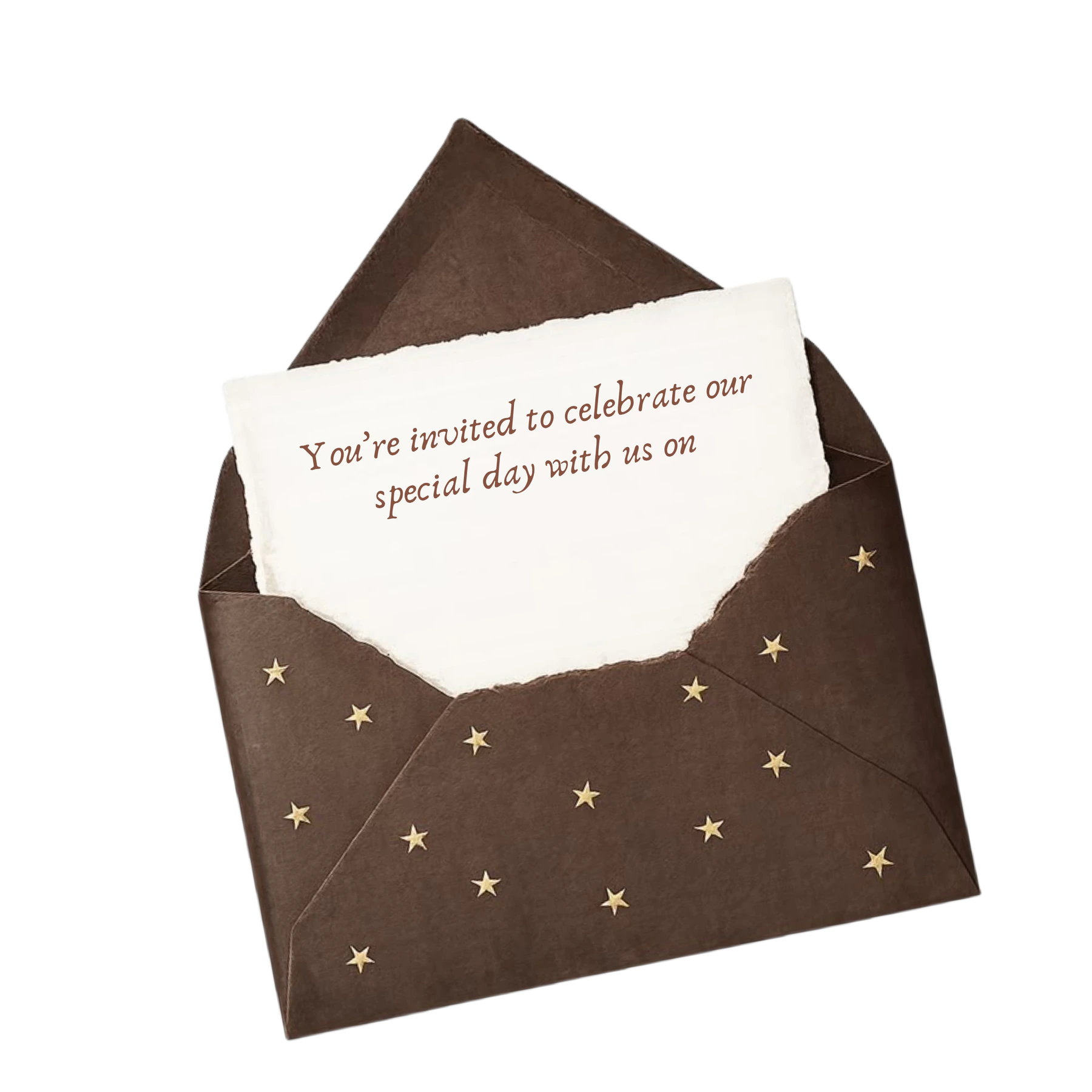 A brown star-covered envelope holding our wedding invitation