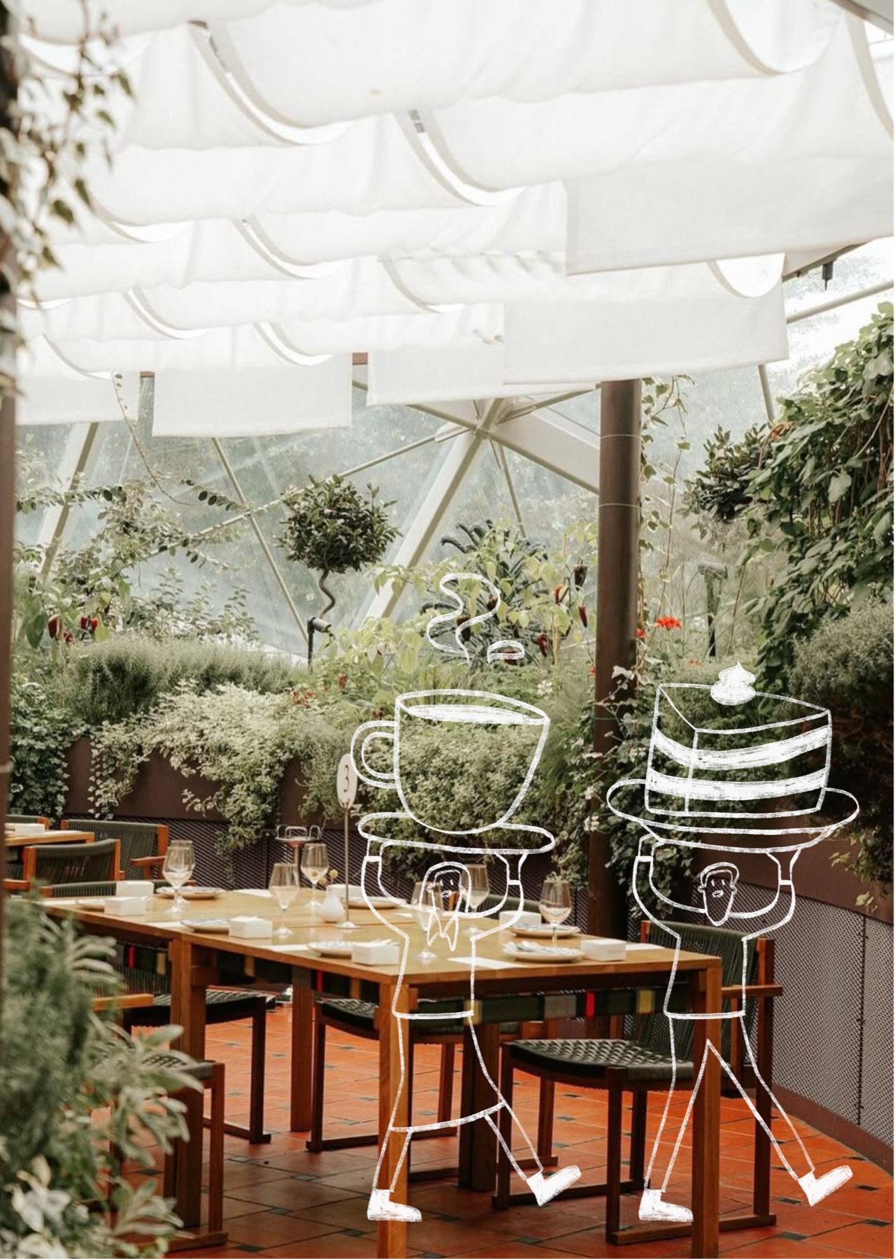 The bright garden dining room at Hortus with playful hand-drawn figures carrying tea and cake