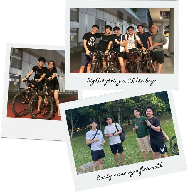 Cycling and outdoor photos with friends, captioned Night cycling with the boys and Early morning aftermath