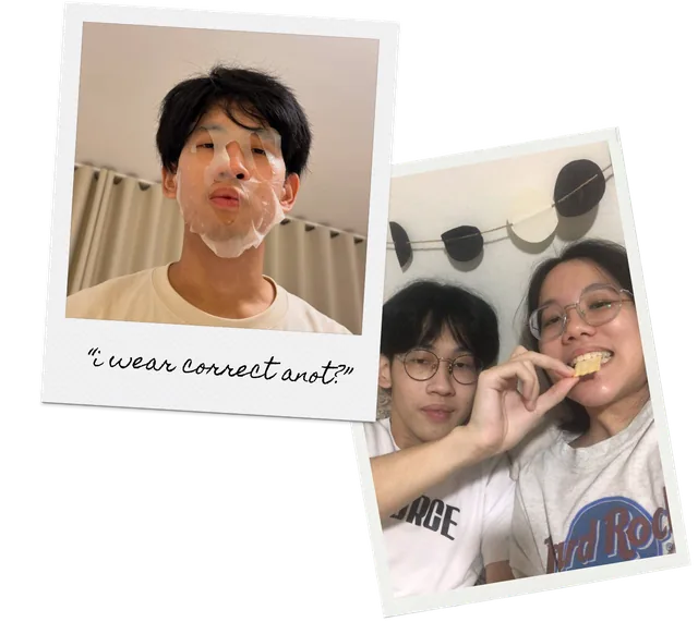 A sheet-mask portrait and a couple selfie, captioned i wear correct anot?