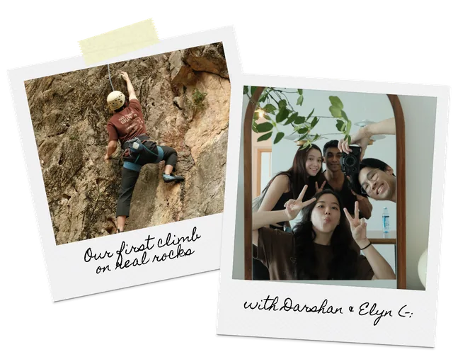 Outdoor rock climbing and a group mirror selfie, captioned Our first climb on real rocks with Darshan & Ellyn