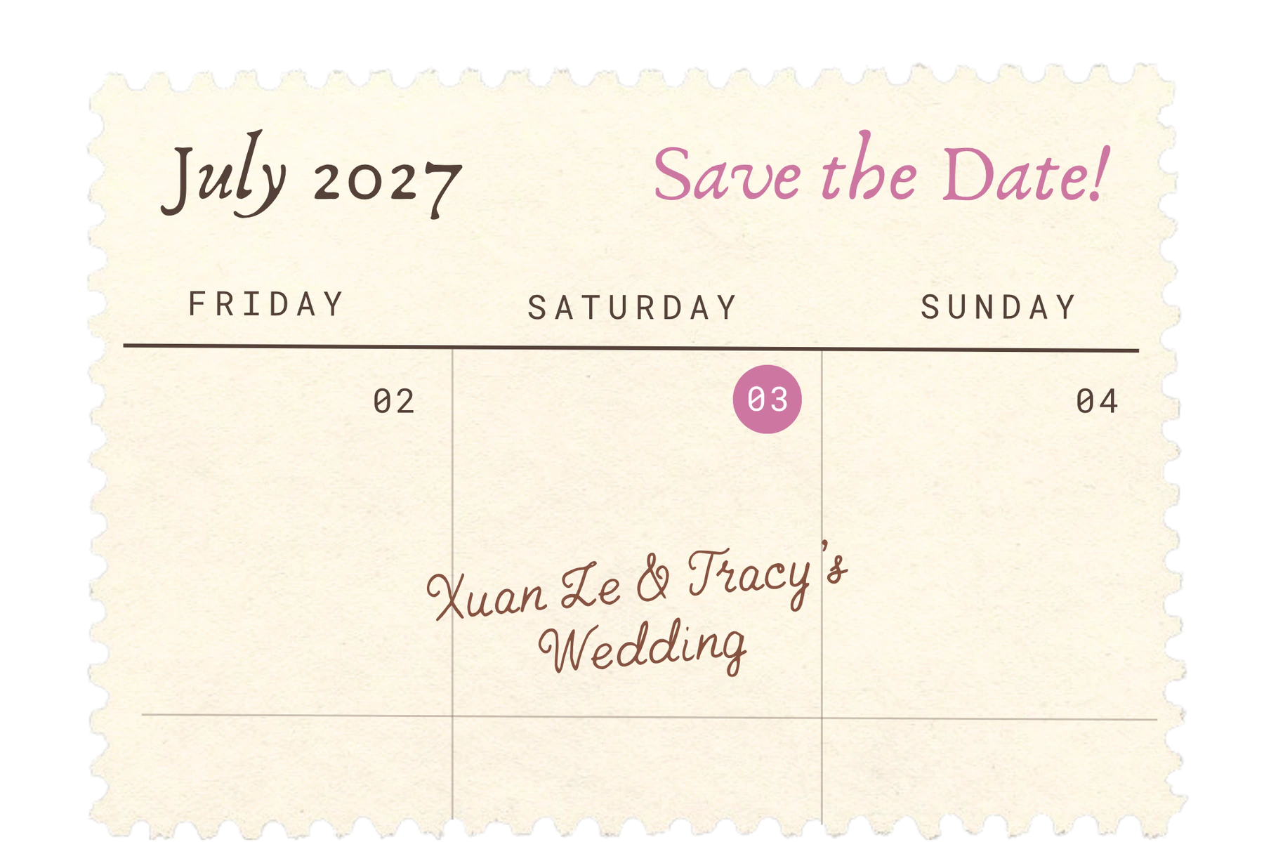 A July 2027 save-the-date calendar card